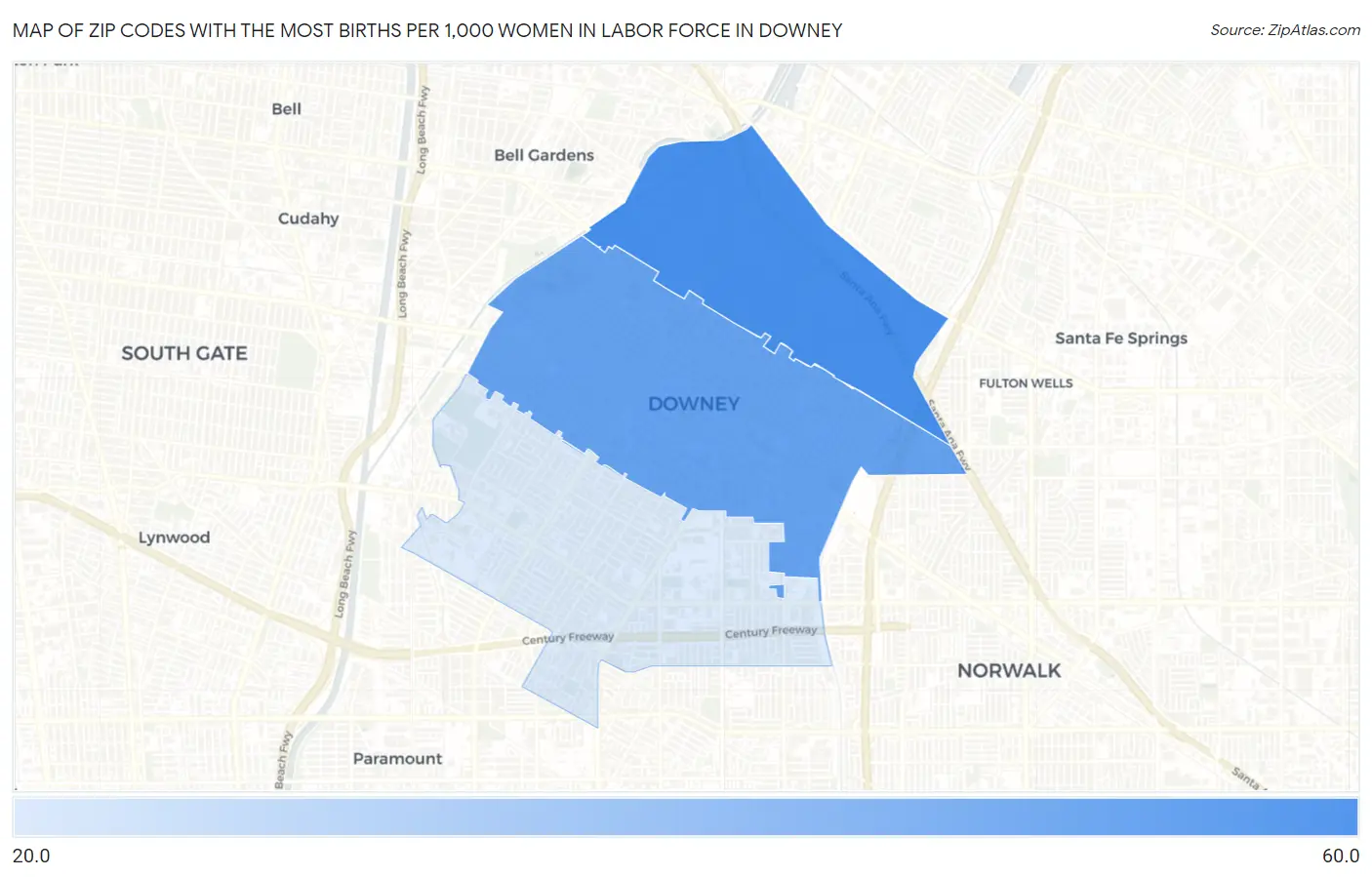 Zip Codes with the Most Births per 1,000 Women in Labor Force in Downey Map