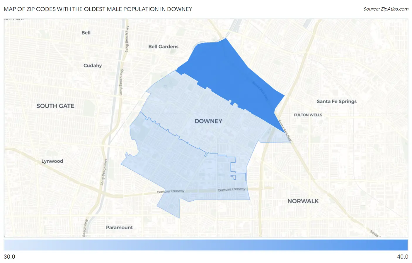 Zip Codes with the Oldest Male Population in Downey Map