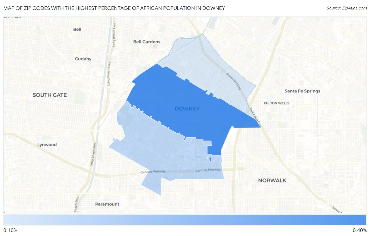 Zip Codes with the Highest Percentage of African Population in Downey Map
