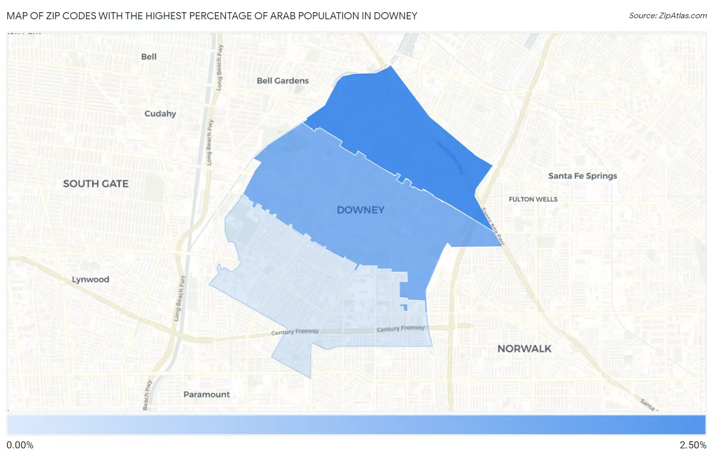 Zip Codes with the Highest Percentage of Arab Population in Downey Map