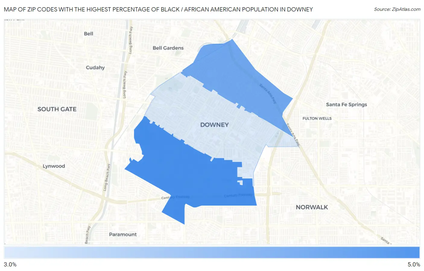 Zip Codes with the Highest Percentage of Black / African American Population in Downey Map