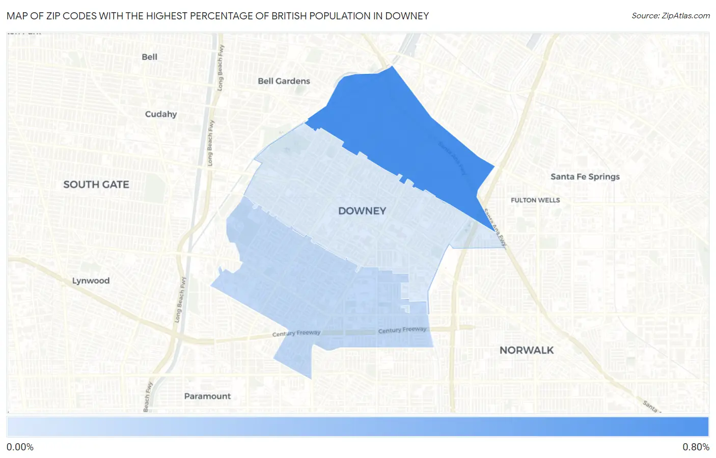 Zip Codes with the Highest Percentage of British Population in Downey Map