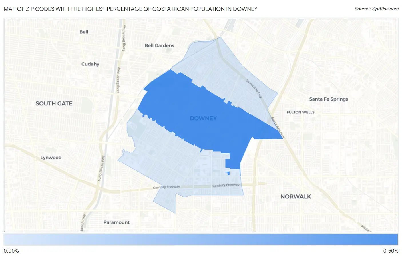 Zip Codes with the Highest Percentage of Costa Rican Population in Downey Map