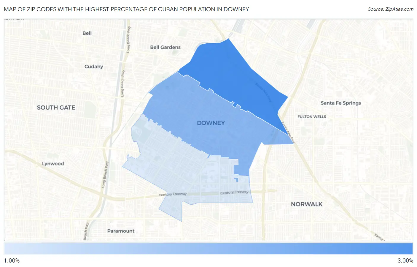 Zip Codes with the Highest Percentage of Cuban Population in Downey Map