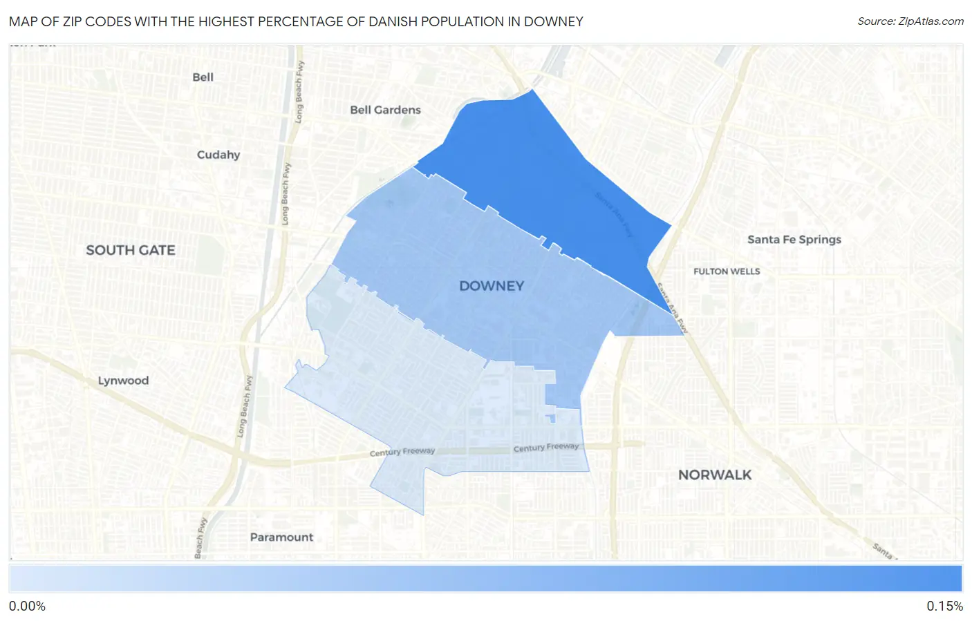 Zip Codes with the Highest Percentage of Danish Population in Downey Map