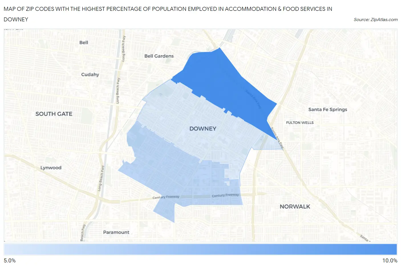 Zip Codes with the Highest Percentage of Population Employed in Accommodation & Food Services in Downey Map