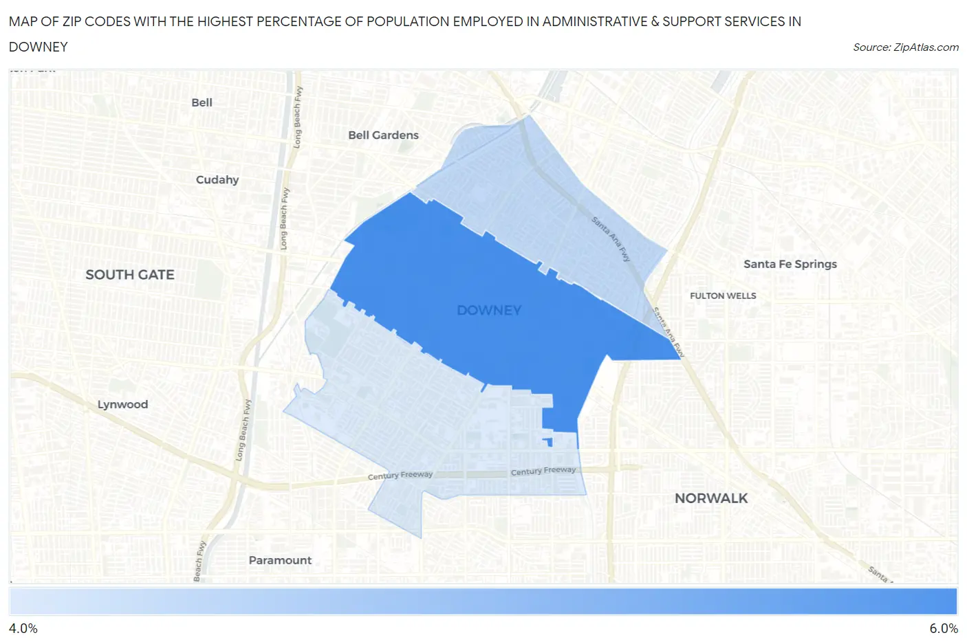 Zip Codes with the Highest Percentage of Population Employed in Administrative & Support Services in Downey Map