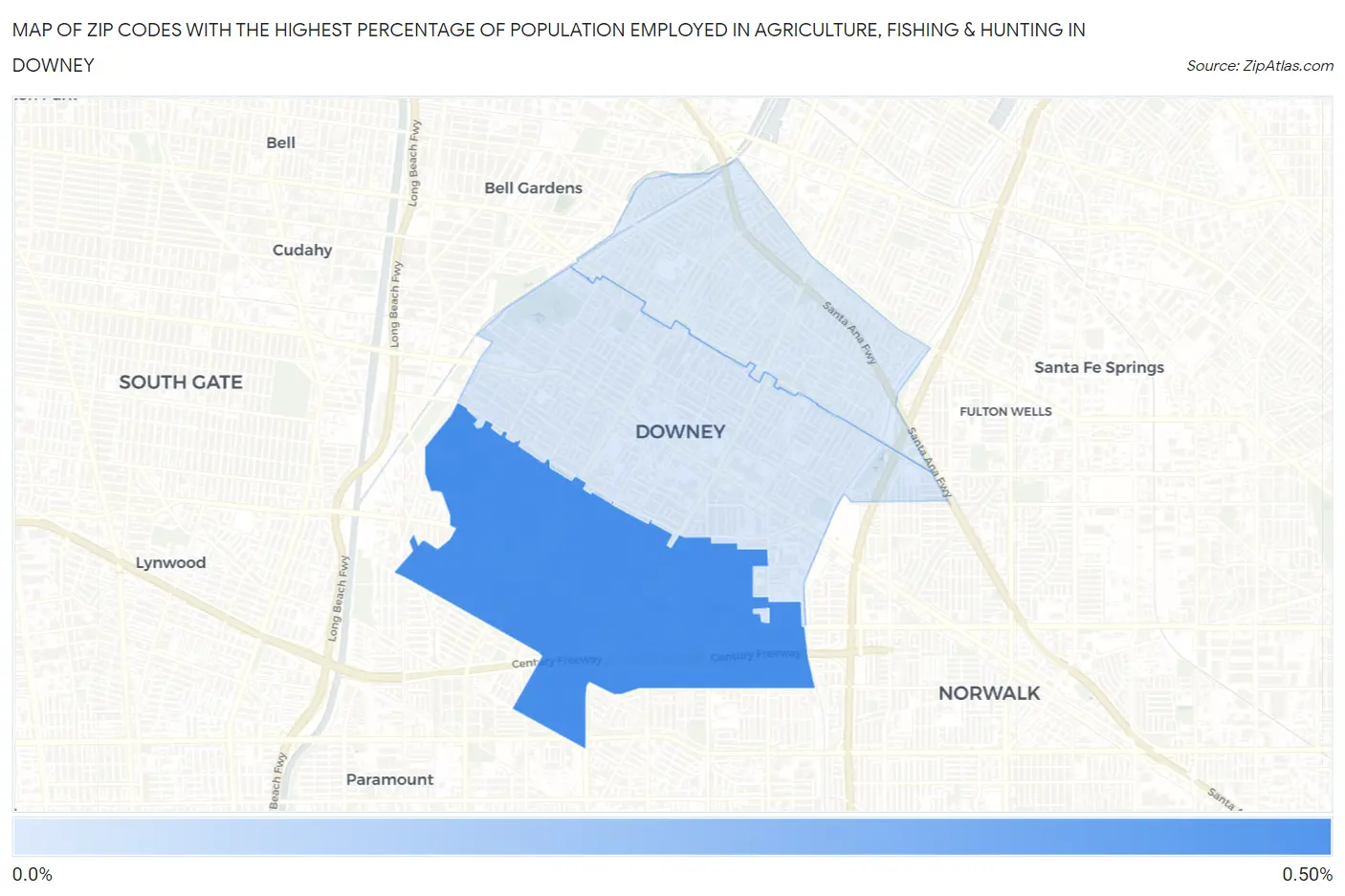 Zip Codes with the Highest Percentage of Population Employed in Agriculture, Fishing & Hunting in Downey Map