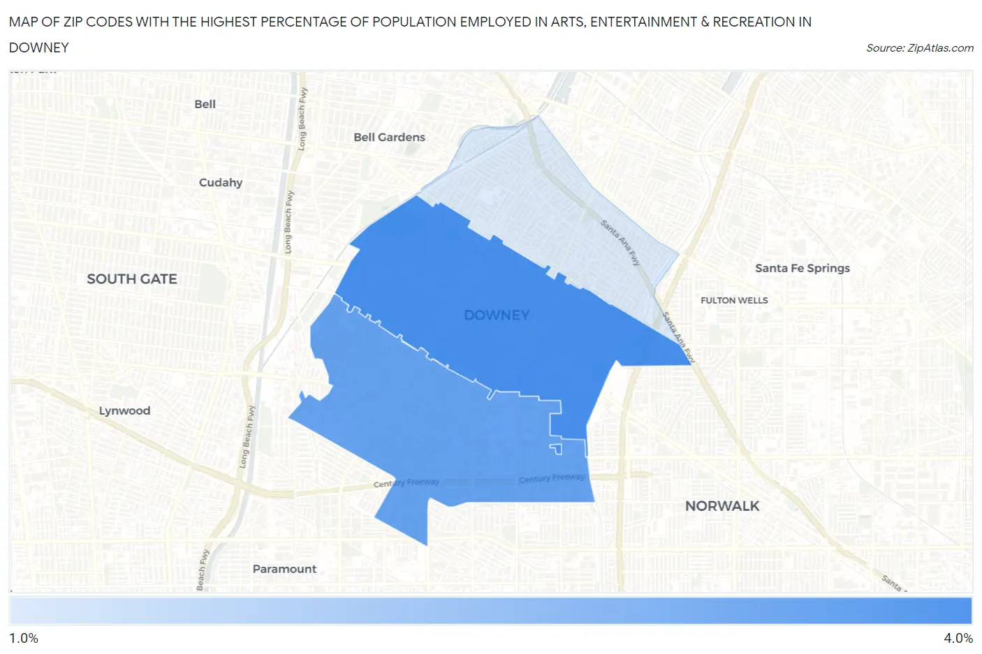 Zip Codes with the Highest Percentage of Population Employed in Arts, Entertainment & Recreation in Downey Map