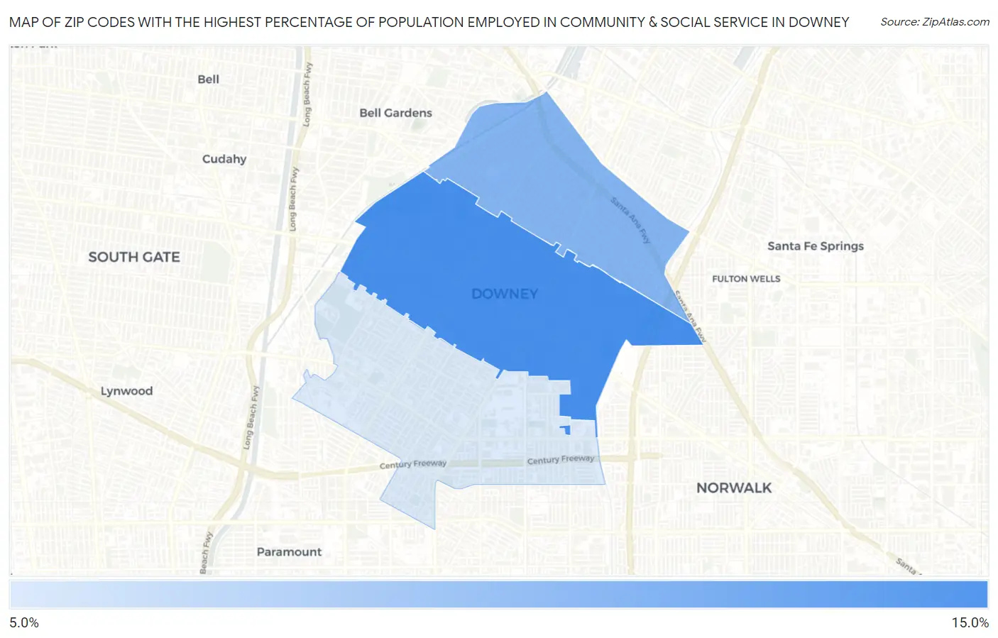 Zip Codes with the Highest Percentage of Population Employed in Community & Social Service  in Downey Map