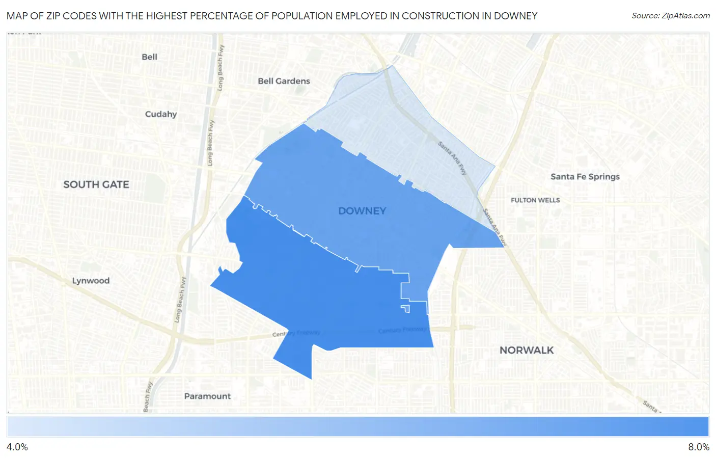 Zip Codes with the Highest Percentage of Population Employed in Construction in Downey Map