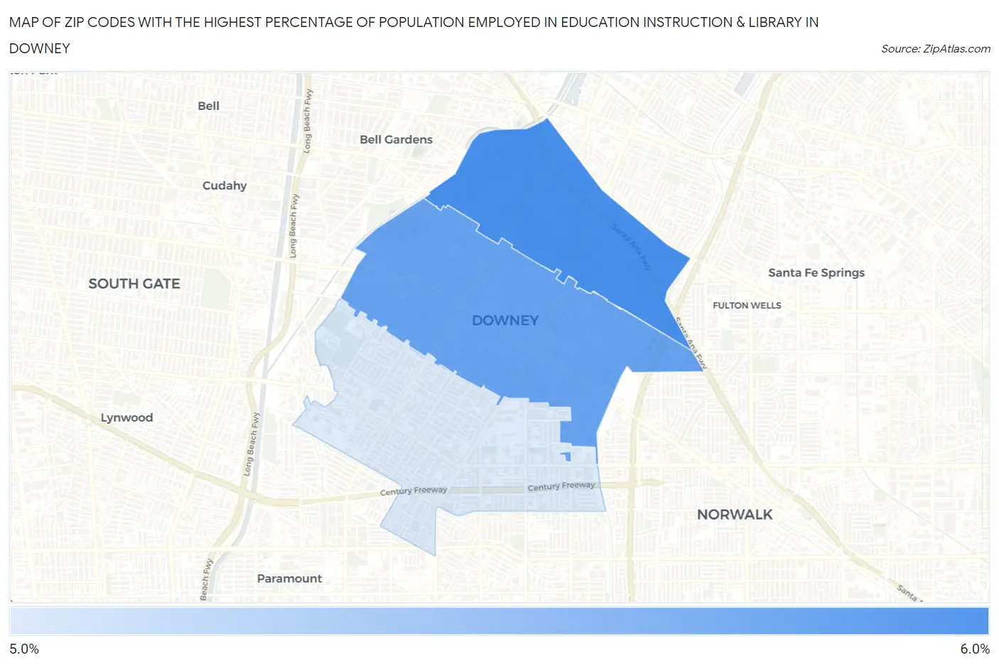 Zip Codes with the Highest Percentage of Population Employed in Education Instruction & Library in Downey Map