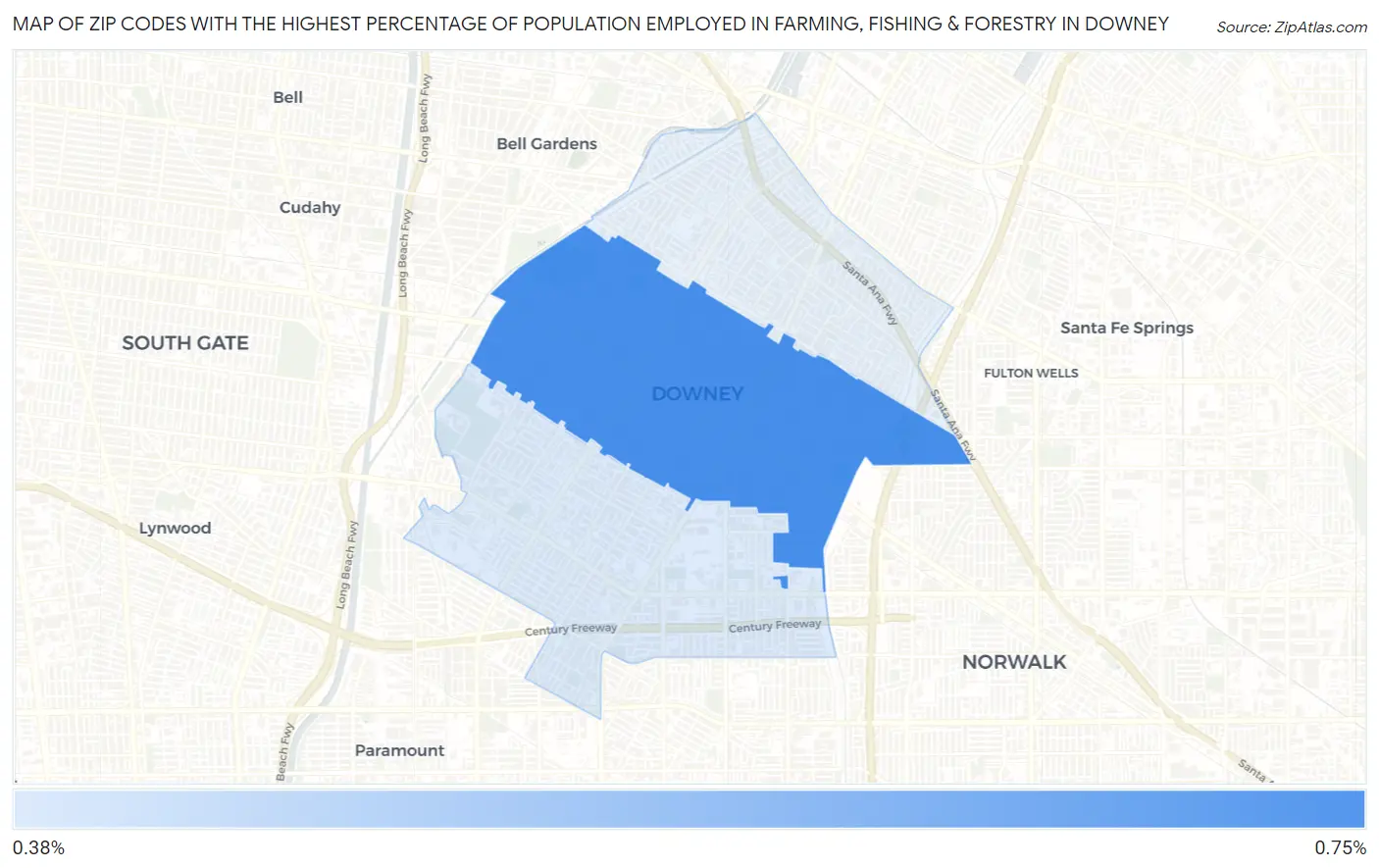 Zip Codes with the Highest Percentage of Population Employed in Farming, Fishing & Forestry in Downey Map