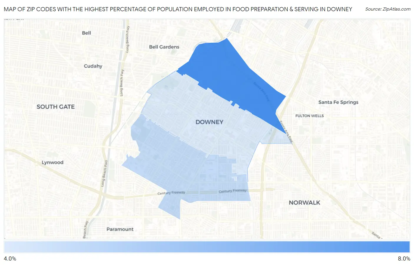 Zip Codes with the Highest Percentage of Population Employed in Food Preparation & Serving in Downey Map