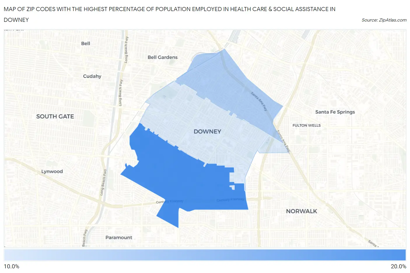 Zip Codes with the Highest Percentage of Population Employed in Health Care & Social Assistance in Downey Map