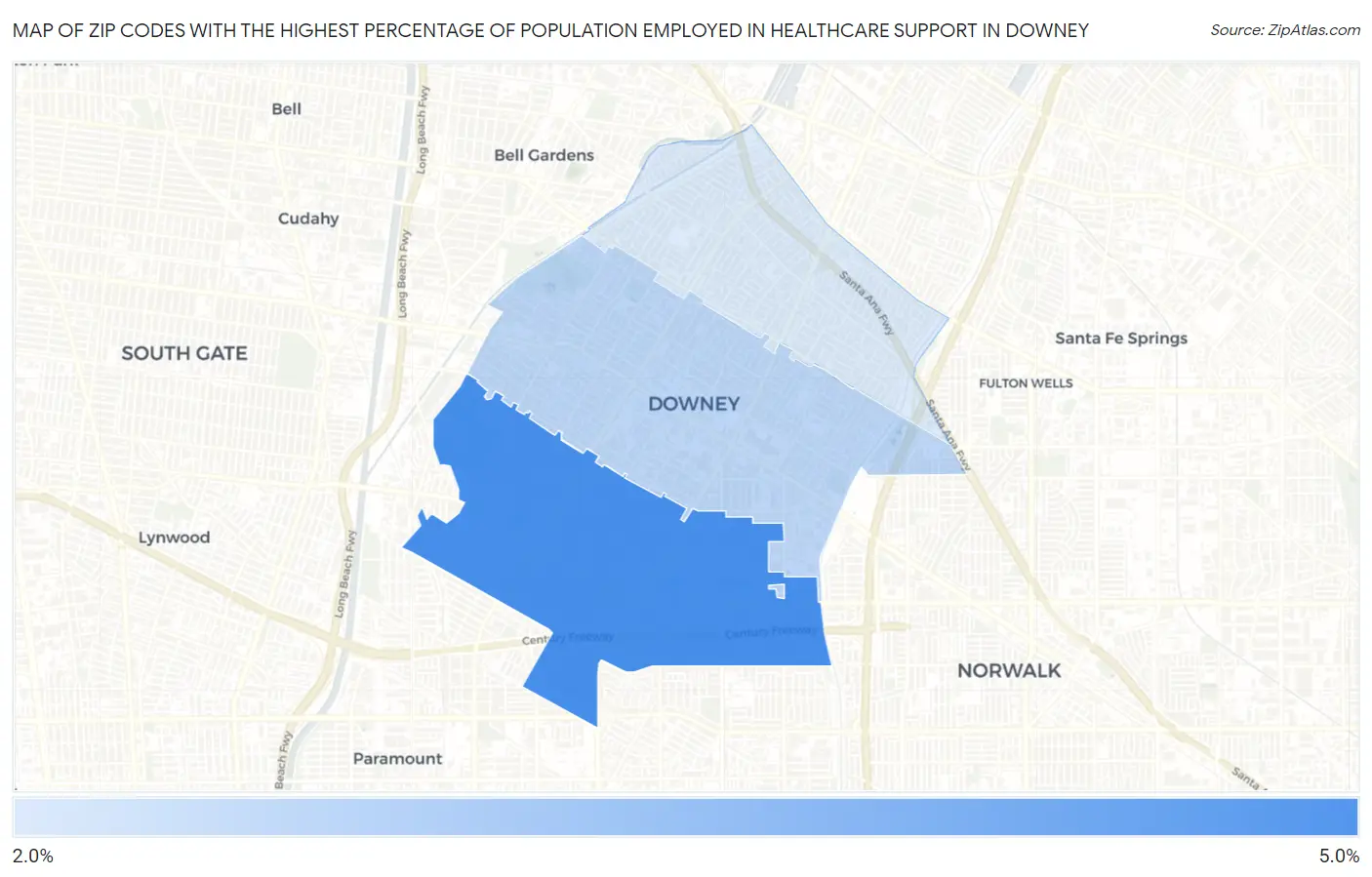 Zip Codes with the Highest Percentage of Population Employed in Healthcare Support in Downey Map
