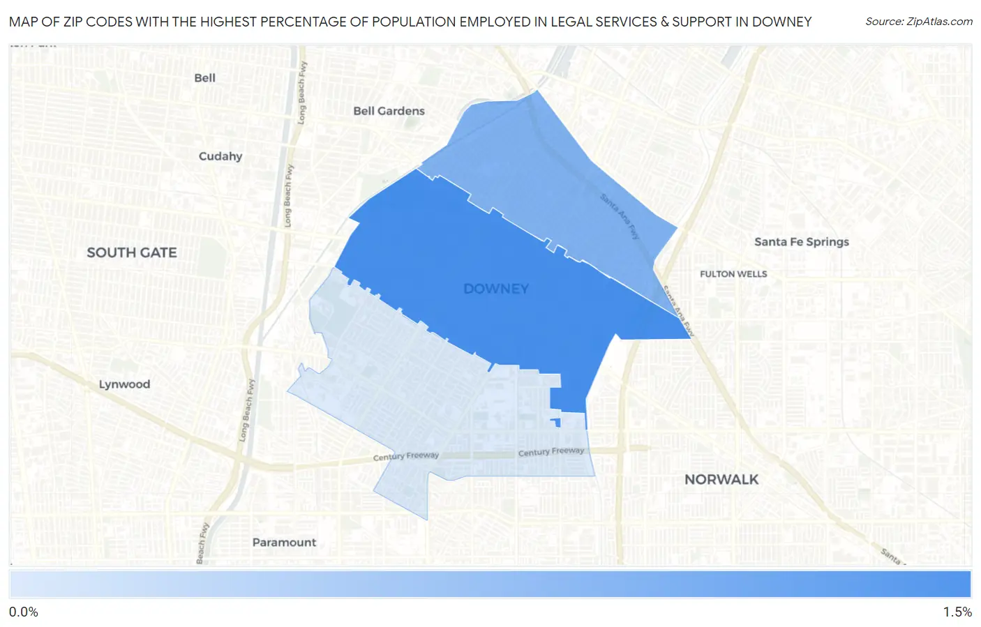 Zip Codes with the Highest Percentage of Population Employed in Legal Services & Support in Downey Map