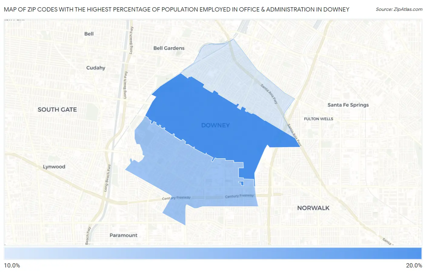 Zip Codes with the Highest Percentage of Population Employed in Office & Administration in Downey Map