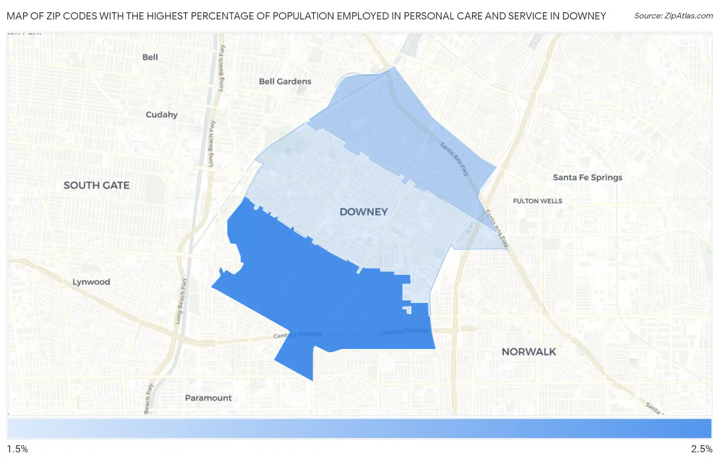 Zip Codes with the Highest Percentage of Population Employed in Personal Care and Service in Downey Map