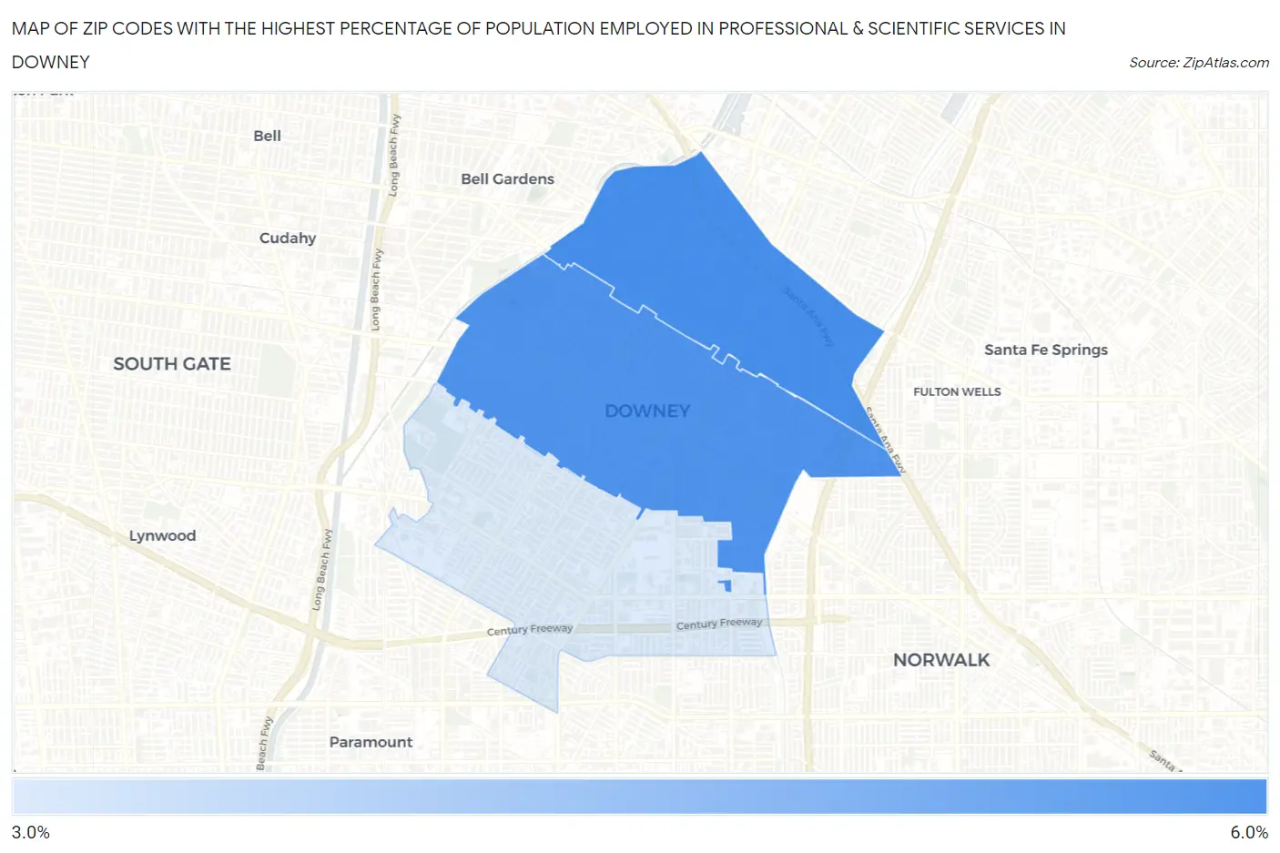 Zip Codes with the Highest Percentage of Population Employed in Professional & Scientific Services in Downey Map