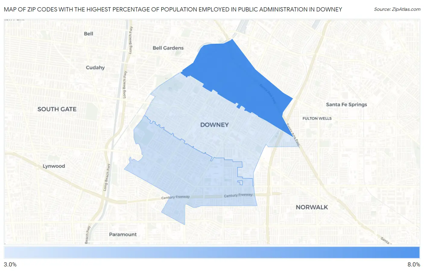 Zip Codes with the Highest Percentage of Population Employed in Public Administration in Downey Map