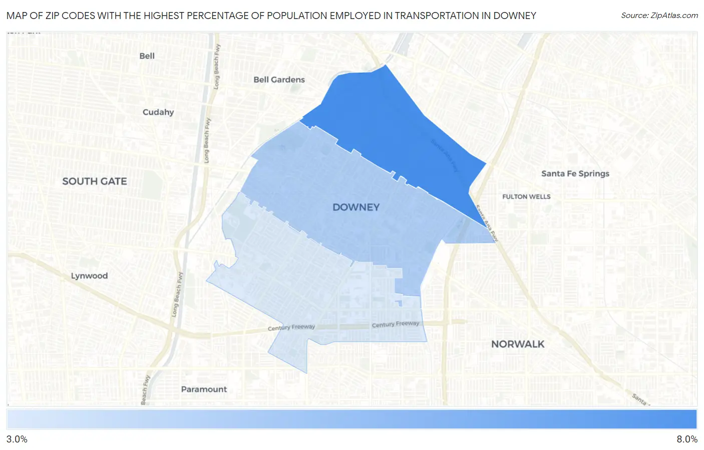 Zip Codes with the Highest Percentage of Population Employed in Transportation in Downey Map