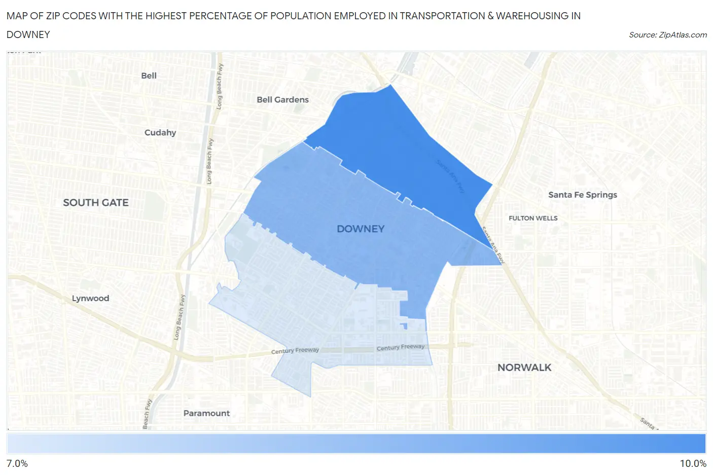 Zip Codes with the Highest Percentage of Population Employed in Transportation & Warehousing in Downey Map