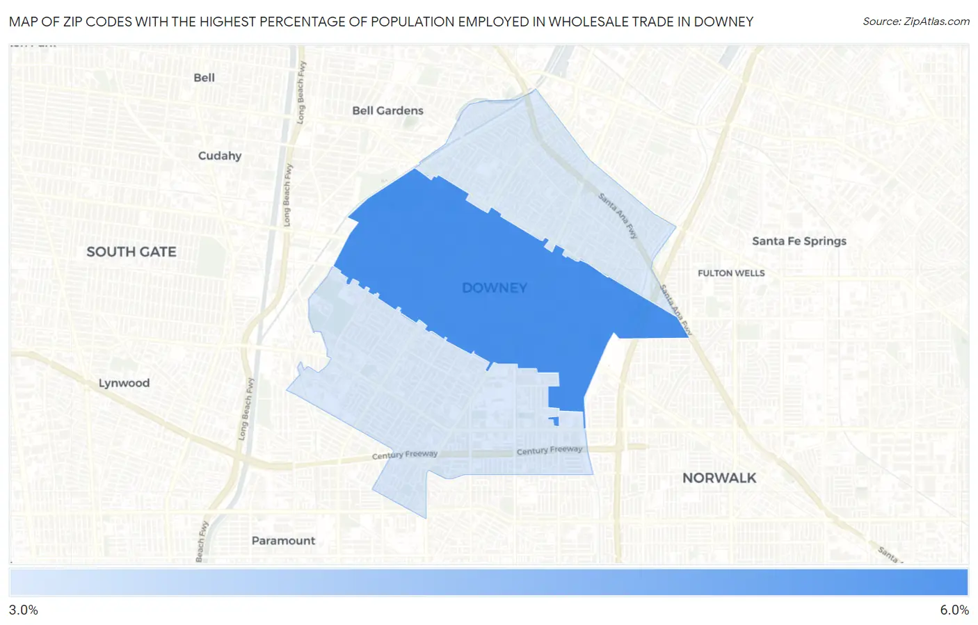 Zip Codes with the Highest Percentage of Population Employed in Wholesale Trade in Downey Map