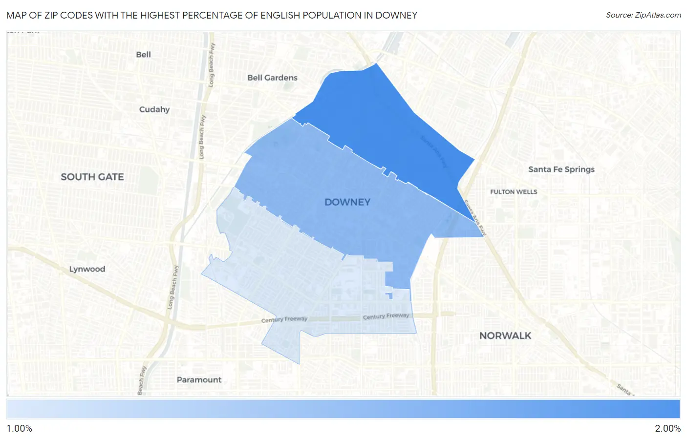 Zip Codes with the Highest Percentage of English Population in Downey Map