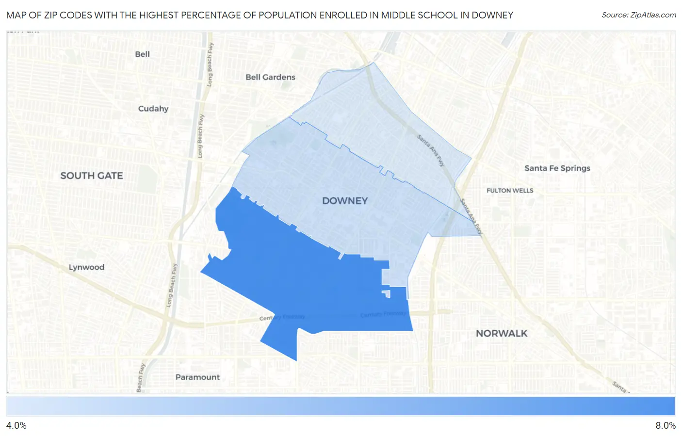 Zip Codes with the Highest Percentage of Population Enrolled in Middle School in Downey Map