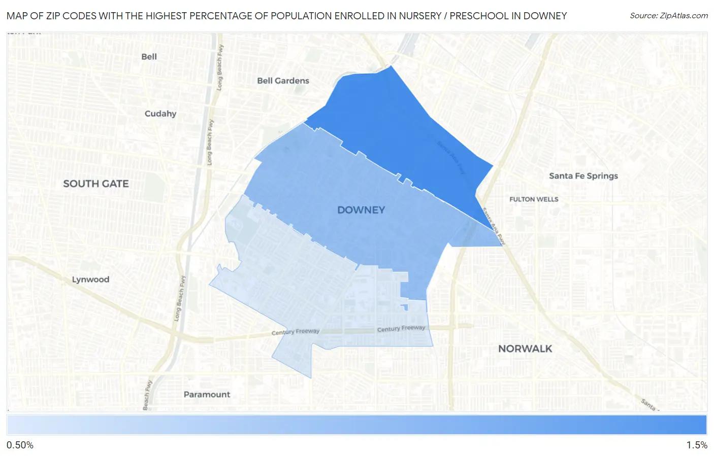 Zip Codes with the Highest Percentage of Population Enrolled in Nursery / Preschool in Downey Map