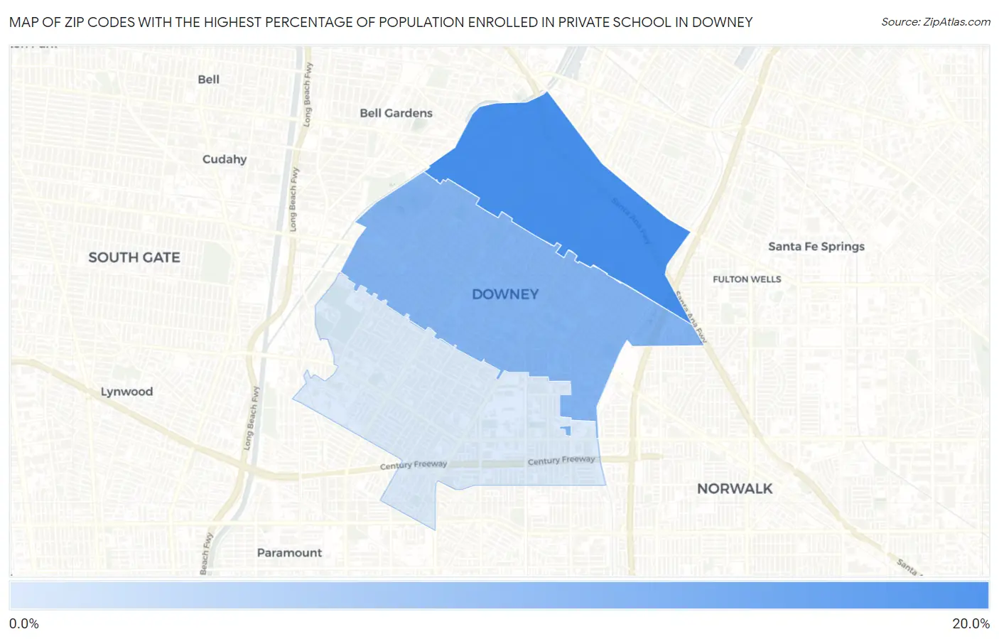 Zip Codes with the Highest Percentage of Population Enrolled in Private School in Downey Map