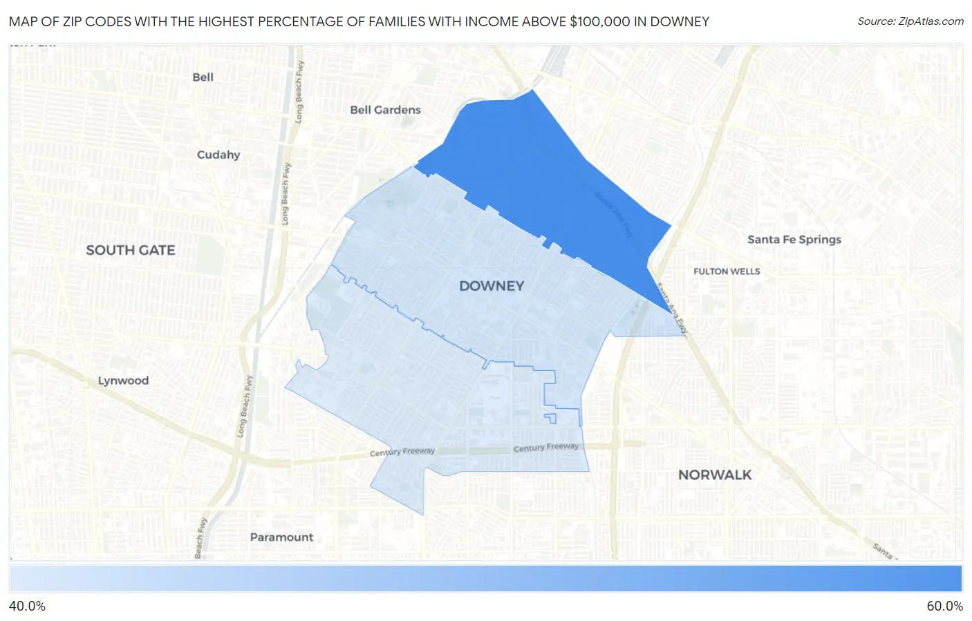 Zip Codes with the Highest Percentage of Families with Income Above $100,000 in Downey Map