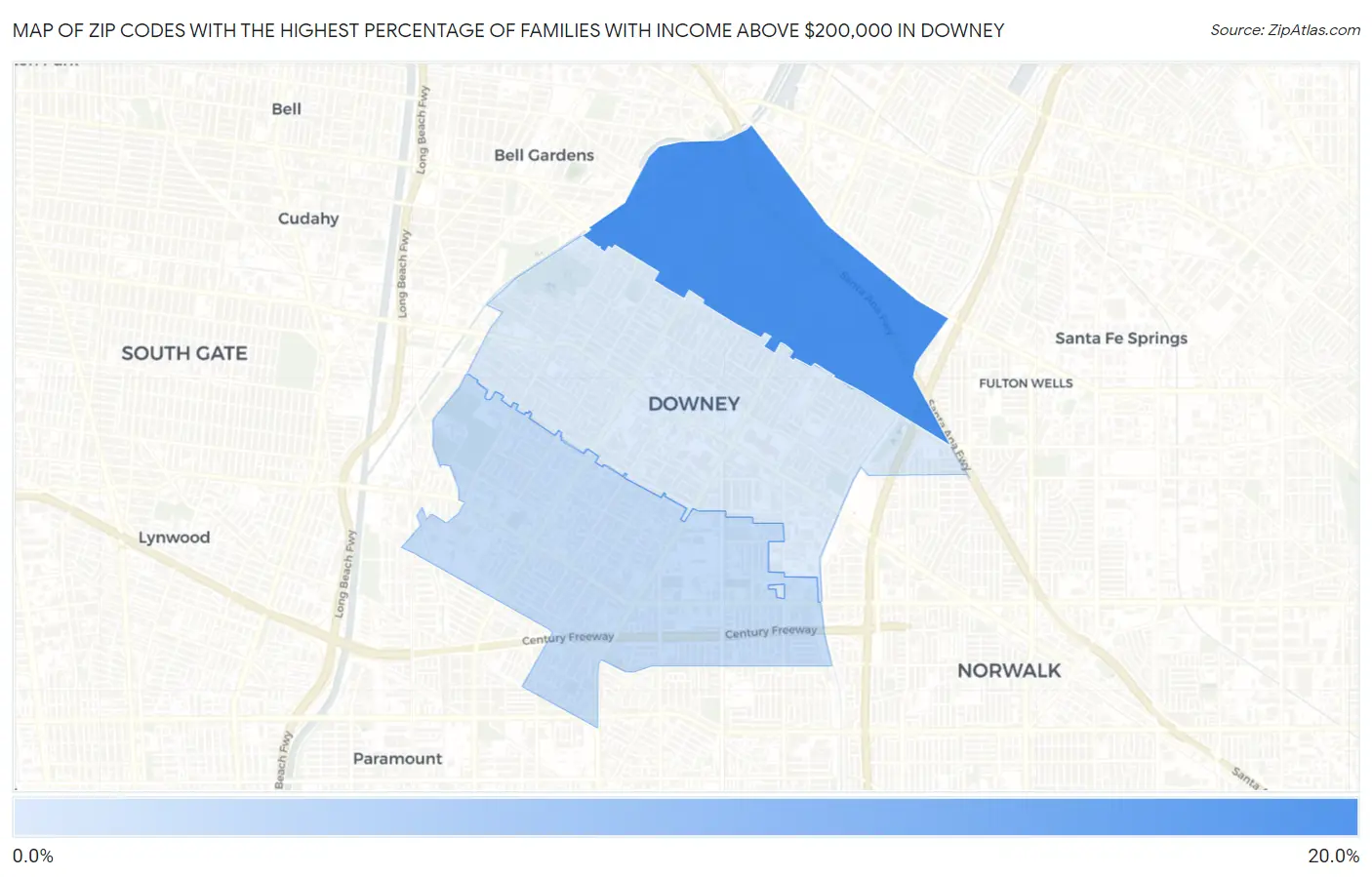Zip Codes with the Highest Percentage of Families with Income Above $200,000 in Downey Map