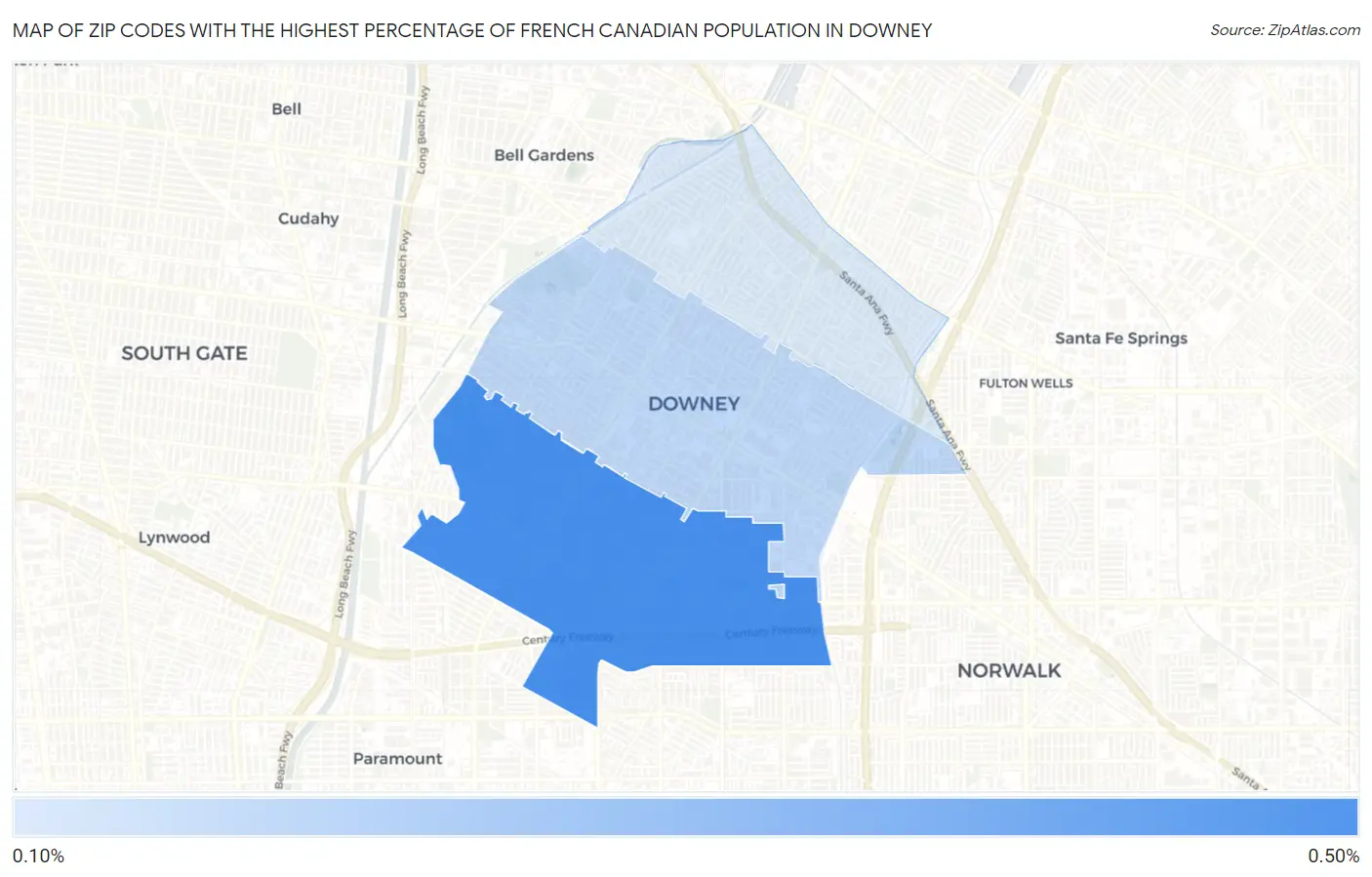 Zip Codes with the Highest Percentage of French Canadian Population in Downey Map