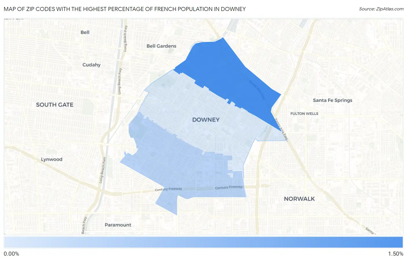 Zip Codes with the Highest Percentage of French Population in Downey Map