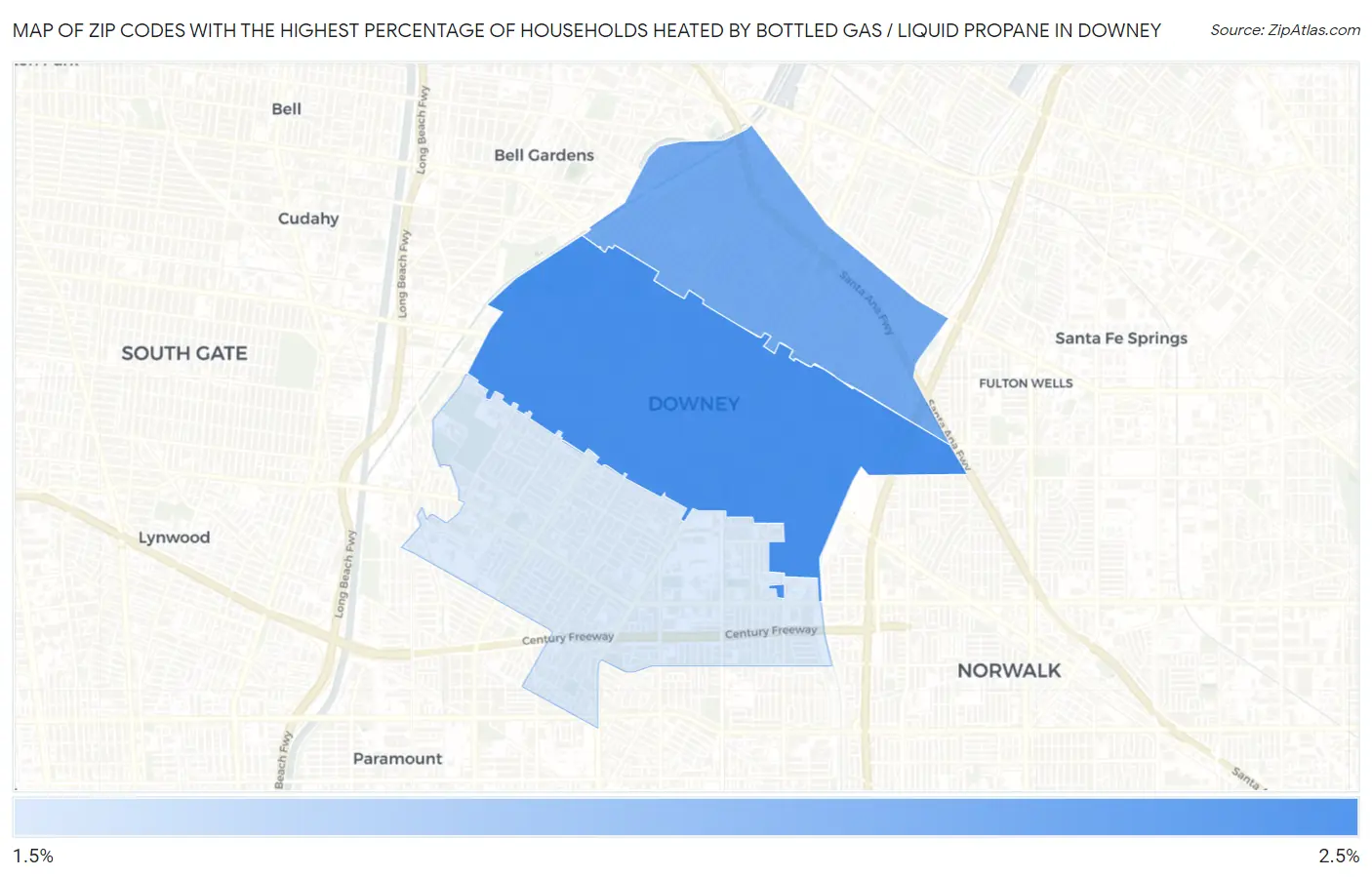 Zip Codes with the Highest Percentage of Households Heated by Bottled Gas / Liquid Propane in Downey Map