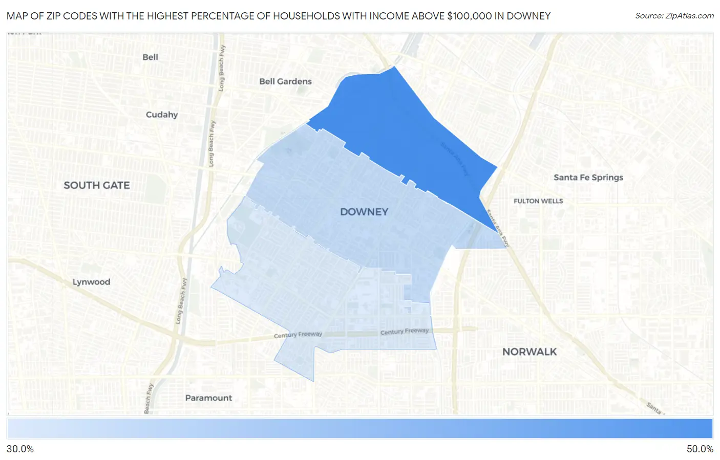 Zip Codes with the Highest Percentage of Households with Income Above $100,000 in Downey Map