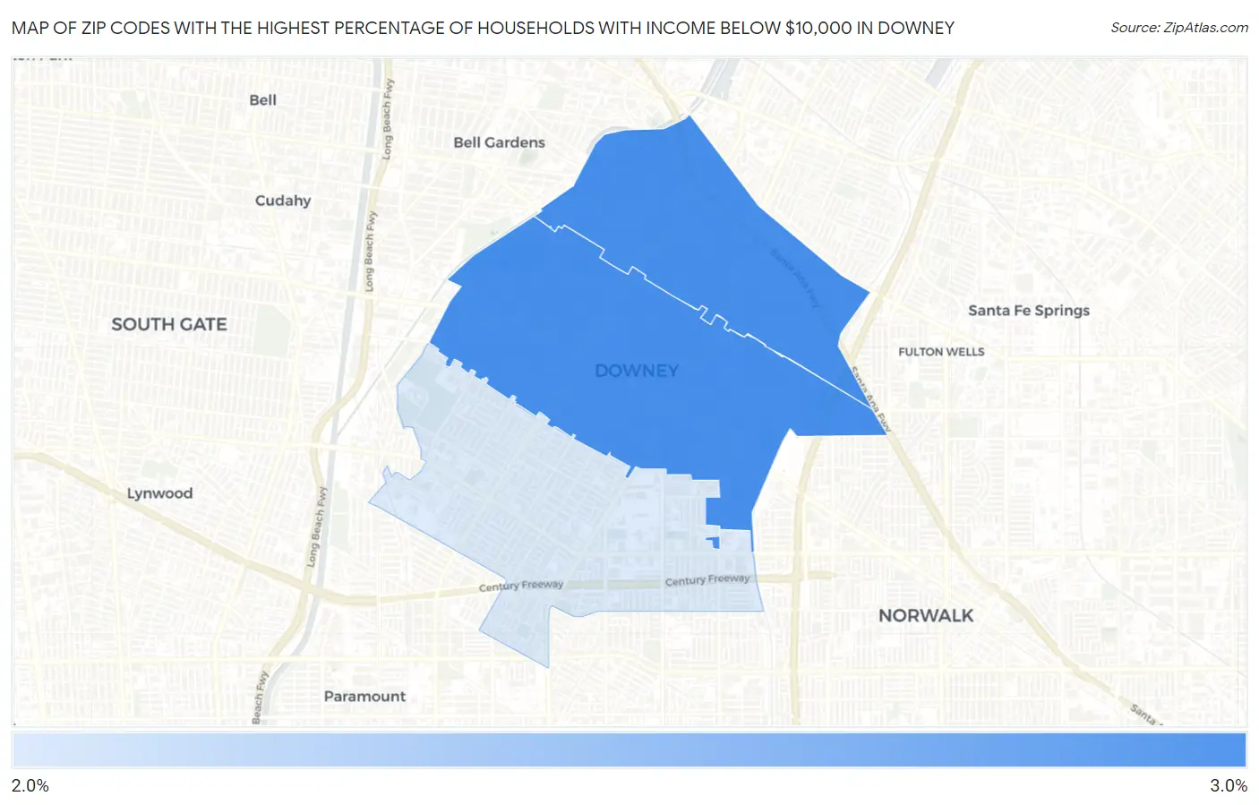 Zip Codes with the Highest Percentage of Households with Income Below $10,000 in Downey Map