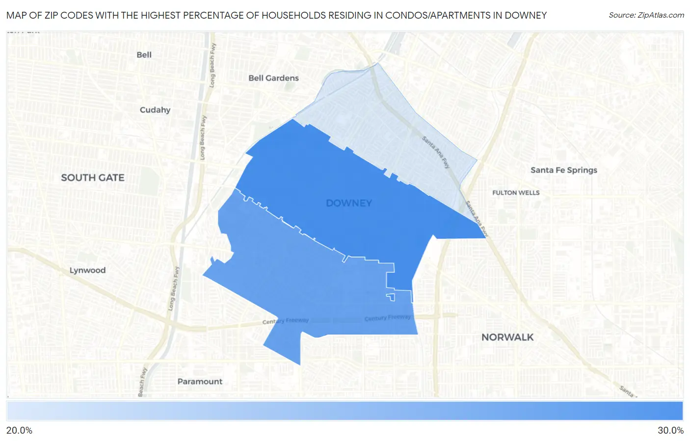 Zip Codes with the Highest Percentage of Households Residing in Condos/Apartments in Downey Map