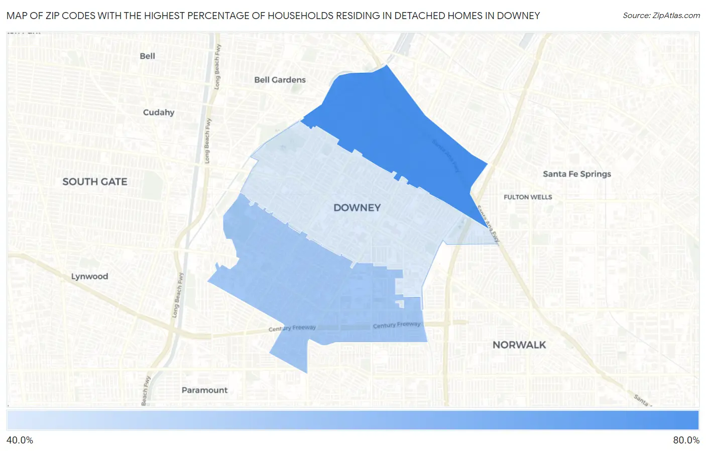 Zip Codes with the Highest Percentage of Households Residing in Detached Homes in Downey Map