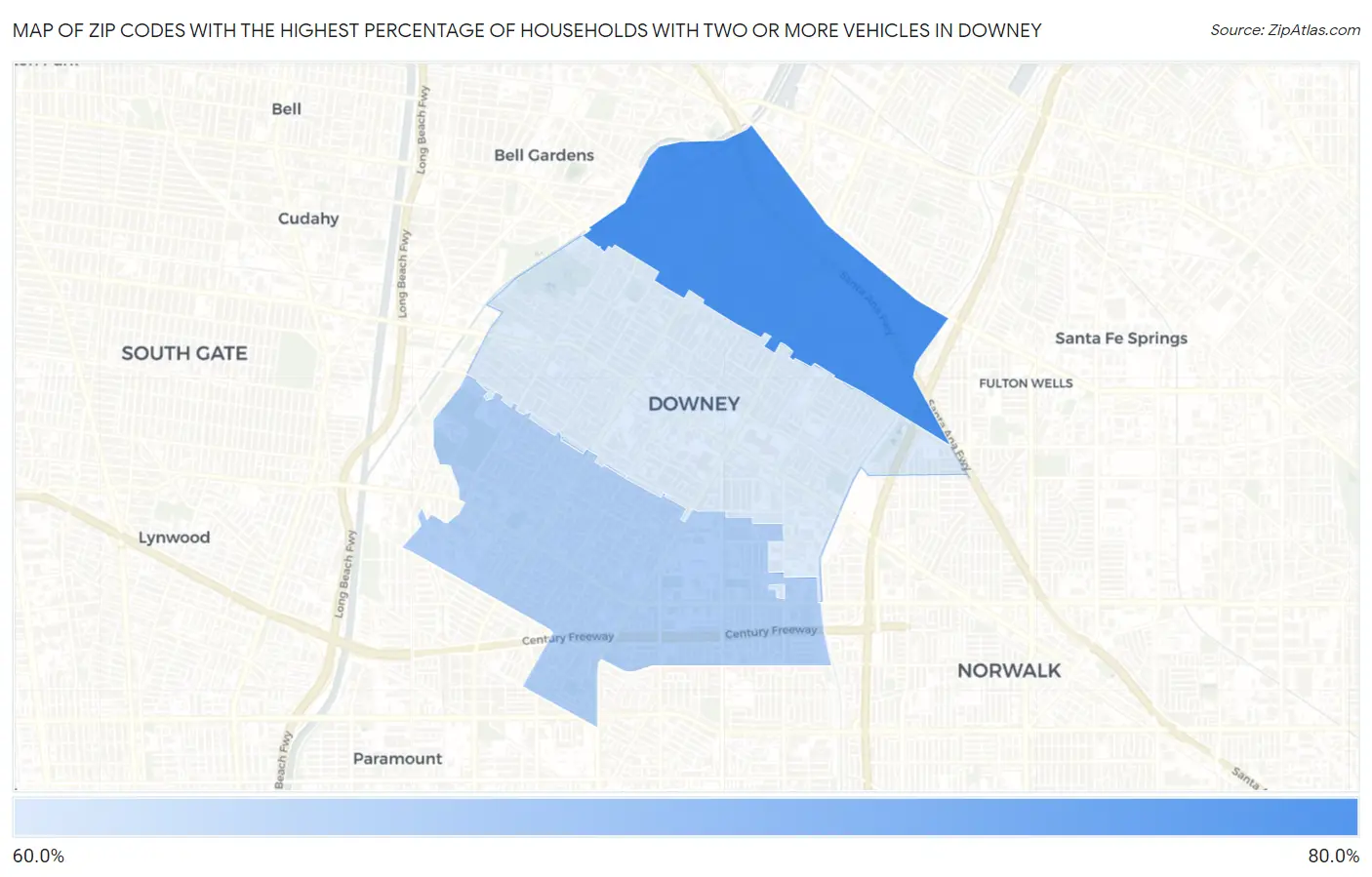 Zip Codes with the Highest Percentage of Households With Two or more Vehicles in Downey Map