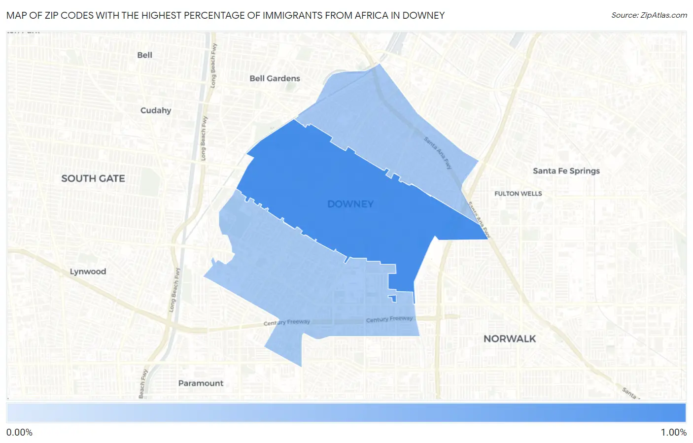 Zip Codes with the Highest Percentage of Immigrants from Africa in Downey Map