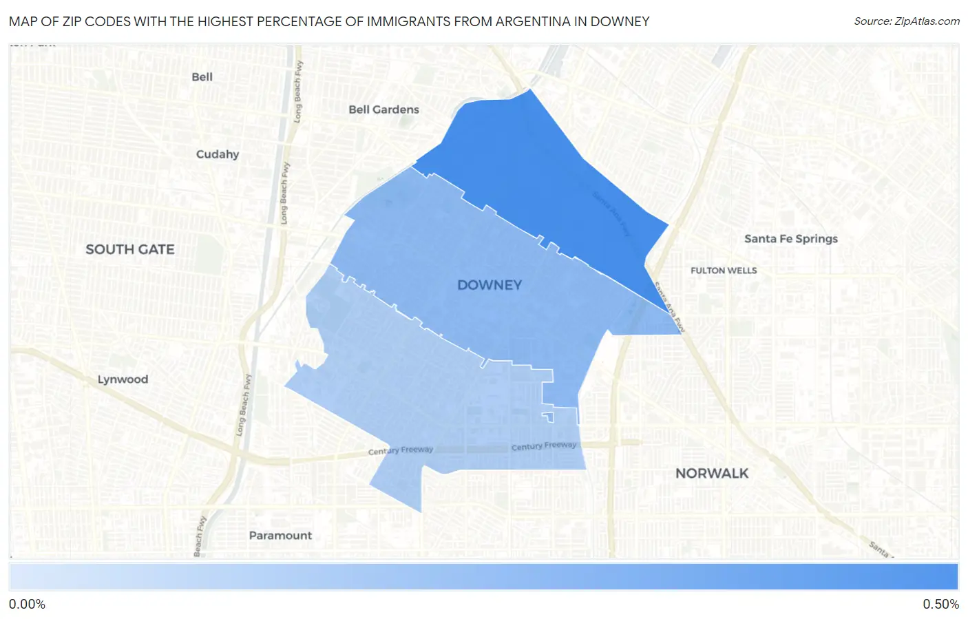 Zip Codes with the Highest Percentage of Immigrants from Argentina in Downey Map