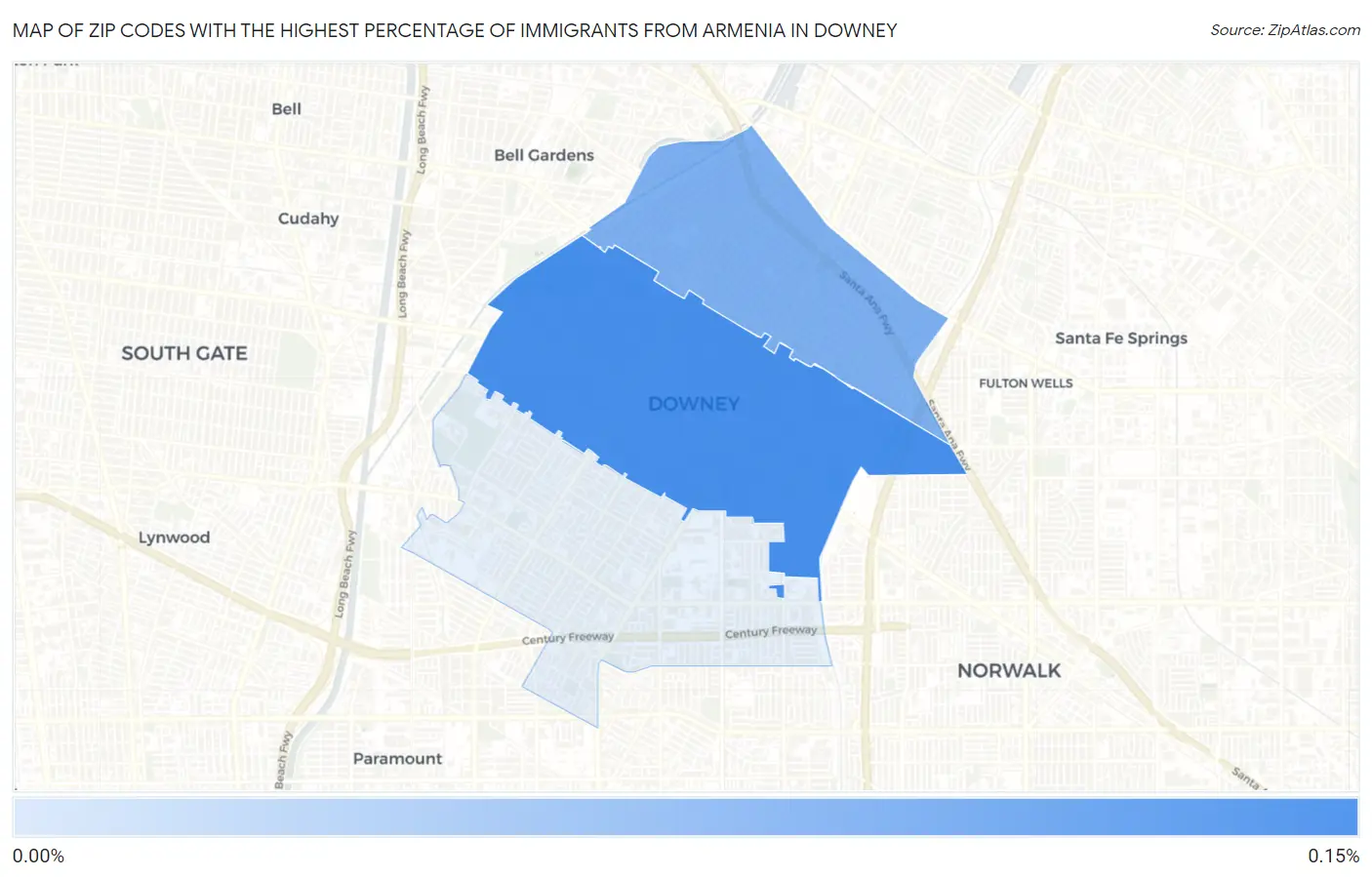 Zip Codes with the Highest Percentage of Immigrants from Armenia in Downey Map