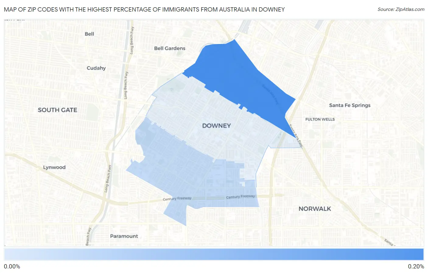 Zip Codes with the Highest Percentage of Immigrants from Australia in Downey Map
