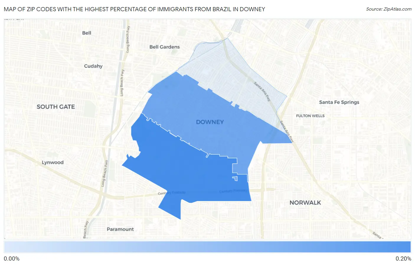 Zip Codes with the Highest Percentage of Immigrants from Brazil in Downey Map