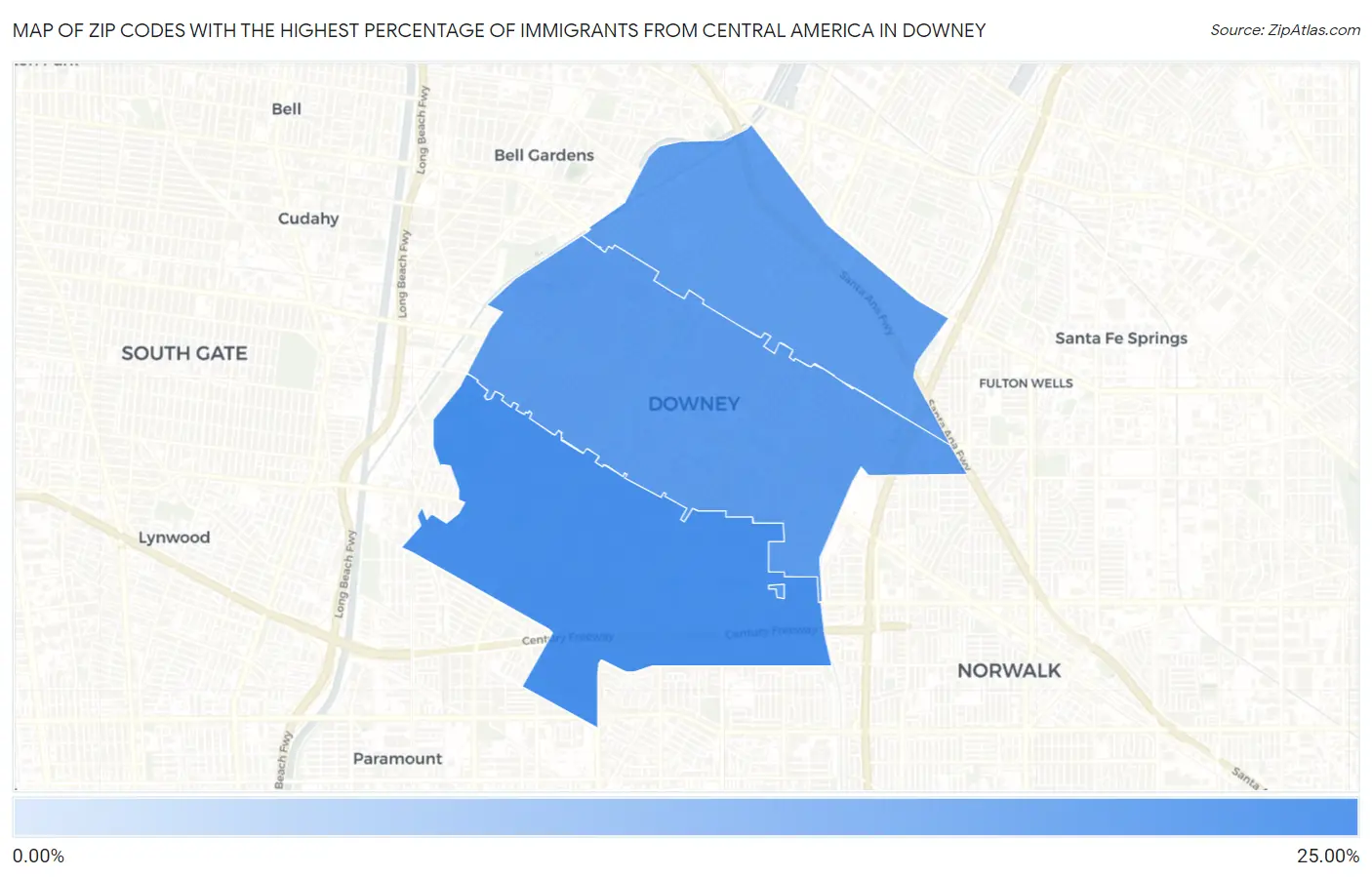 Zip Codes with the Highest Percentage of Immigrants from Central America in Downey Map