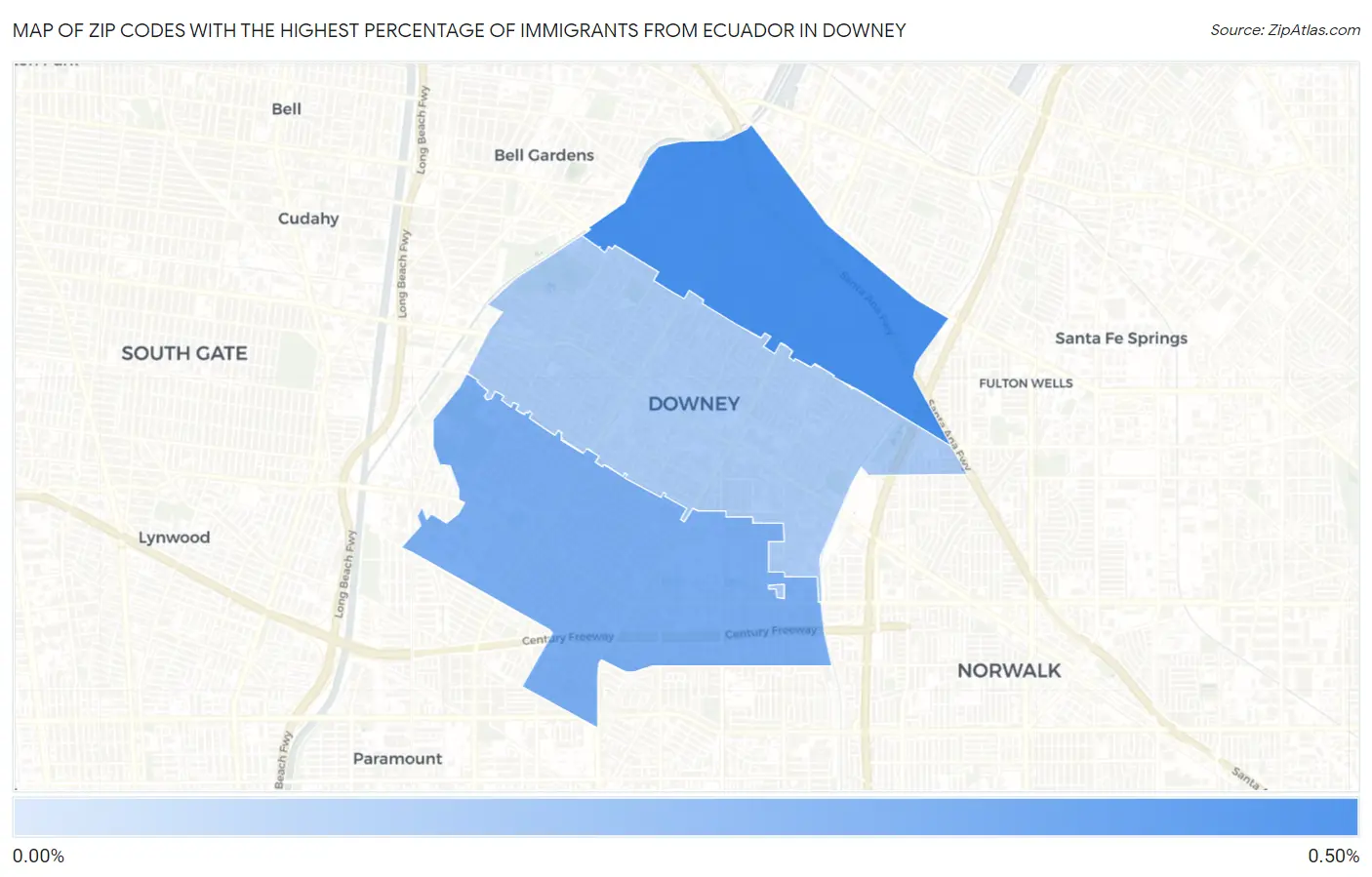 Zip Codes with the Highest Percentage of Immigrants from Ecuador in Downey Map
