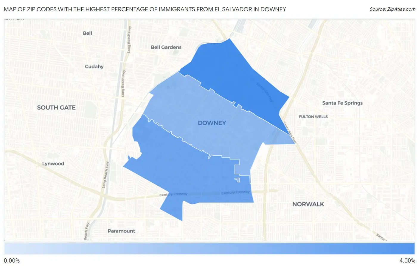 Zip Codes with the Highest Percentage of Immigrants from El Salvador in Downey Map